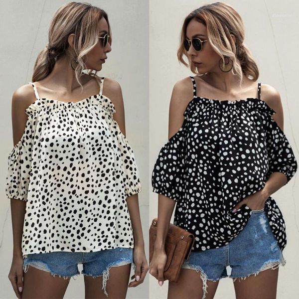 

ruffles blouse shirt 2020 women summer sling off-the-shoulder ruffled dot polka dot shirt women office lady1, White