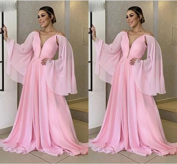 Sexy günstige einfache rosa A-Linie Ballkleider V-Ausschnitt mit langen Ärmeln Chiffon bodenlangen Abendkleider Formelle Kleidung Partykleidung Vestidos