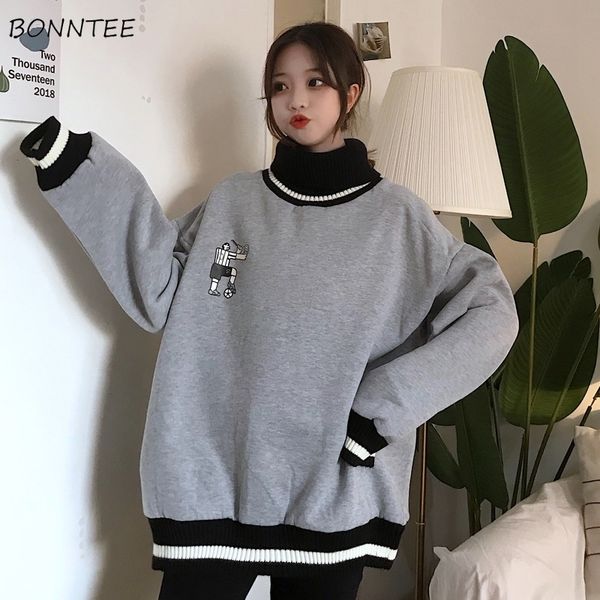 

hoodies women thicker plus velvet solid striped printed oversize loose turtleneck full sleeve womens hoodie leisure korean style y200608, Black