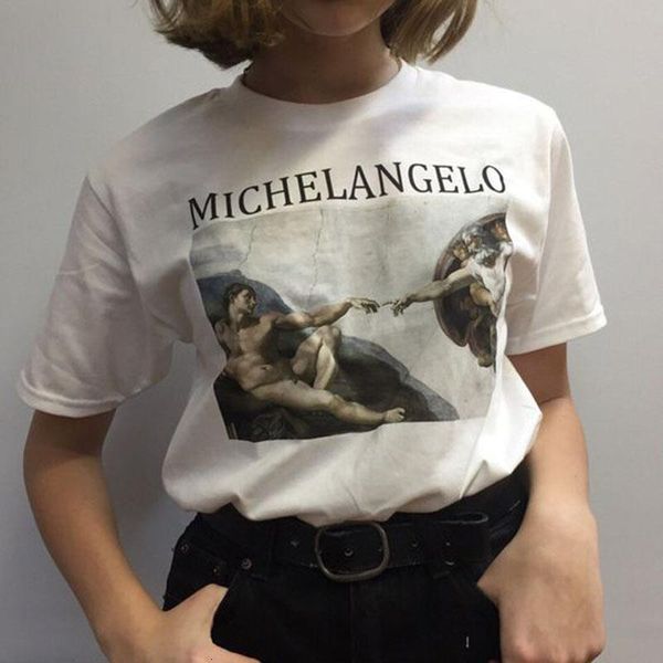 

harajuku michelangelo vintage oil print women kawaii womens women t-shirts fashion ulzzang tumblr casual cappella sistina tshirt, White
