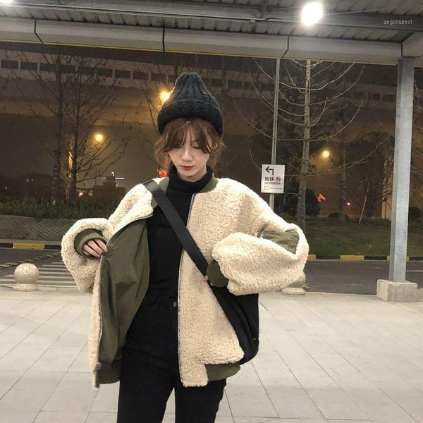 

new women autumn winter warm short jacket vintage female wool blends full double side wear loose coat korean coats outwears1, Black