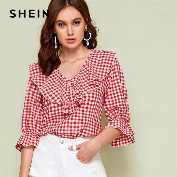 

shein red v neck ruffle trim gingham spring casual blouse women 2019 autumn flounce sleeve cute ladies blouses and 1, White