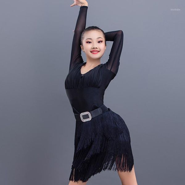 

children latin dance dress kids black dress with belt fringe clothes tassel skirt woman girls long sleeves performance costume1, Black;red