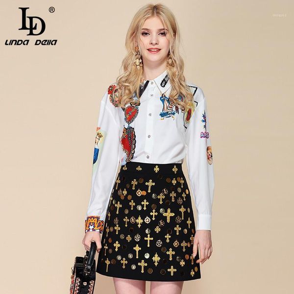 

ld linda della fashion two pieces set women's long sleeve printed blouses + vintage sequined beading mini short skirts sets suit1, White