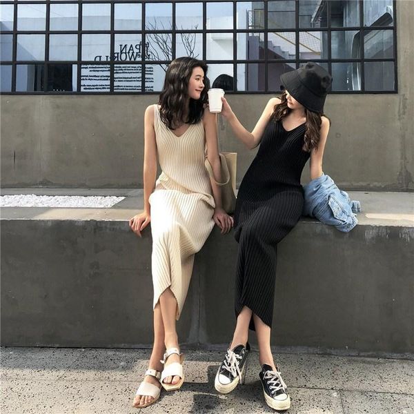 

casual dresses dress summer gothic vest all-match loose knit slim ladies elegant v-neck long feminine fashion party 2021 a022, Black;gray