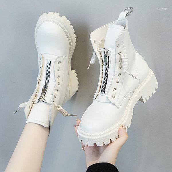 

boots women autumn leather solid casual ankle round toe zipper 2021 brand designer shoes woman platform1, Black