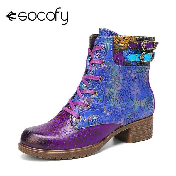 

boots socofy retro style embossed genuine leather warm lace-up zipper chunky heel short casual party shoe botas mujer 2021, Black