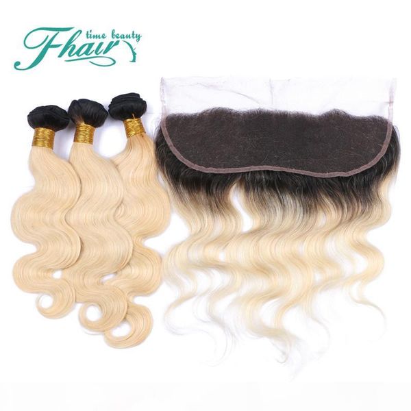 

#1b 613 ombre human hair with frontal 9a malaysian silver blonde ombre human hair 3bundles with full lace frontal closure 13x4 body wave, Black