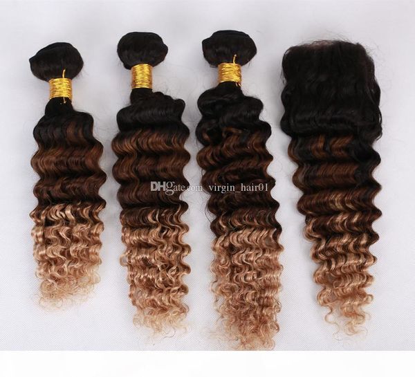 

indian human virgin hair deep wave lace closure with bundles three tone colored hair with closure ombre 1b 4 27 hair with closure, Black;brown