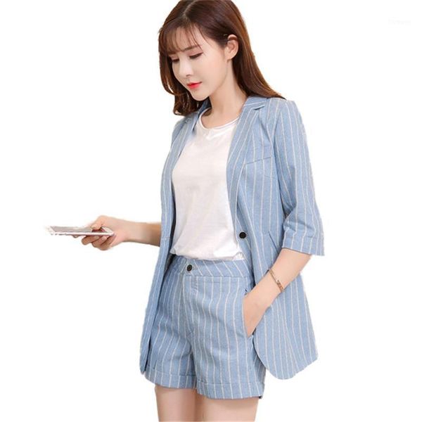 

women business cotton linen blazer high waist mini eleshorts work trousers two piece sets office lady striped 2 piece sets1, White;black