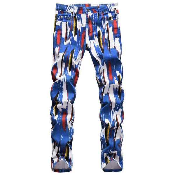 

men's jeans club men stretch slim color printed patchwork straight full length denim trousers male wild cowboy, Blue