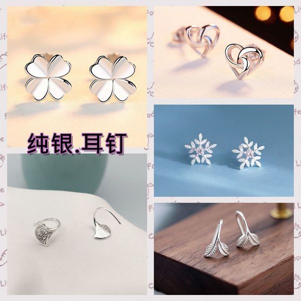 

fashion leaf heart design snow design clover design stud earrings by 925 sterling silver for ladies, Golden;silver
