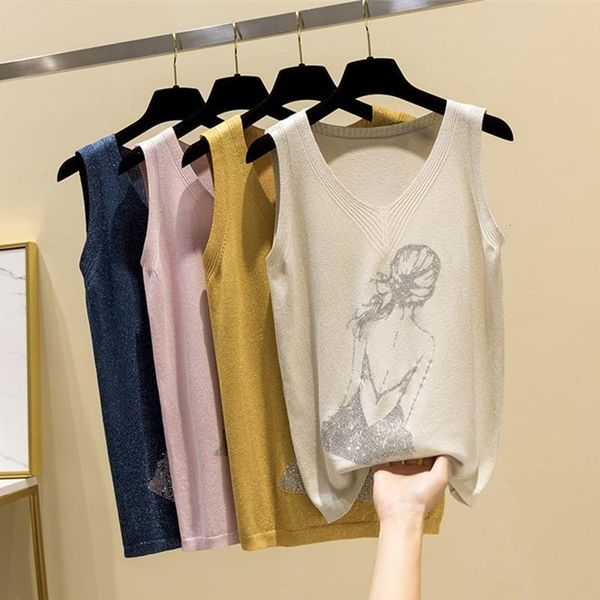 

summer thin knitted vest women rhinestones casual loose soft tank 2020 new girl back sleeveless t-shirt femme, White