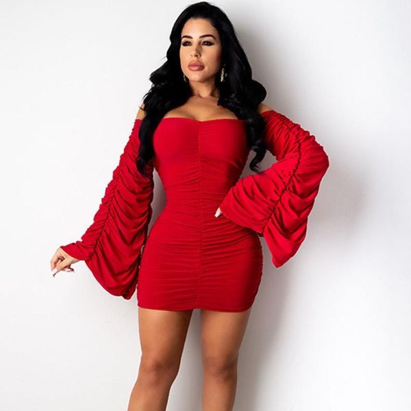 

off shoulder ruched bodycon dress women strapless flare sleeve mini red dresses ladies christmas party club dress vestidos1, Black;gray