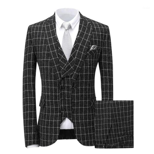 

jacket + vest + pants ) 2019 new men's fashion boutique plaid wedding dress suit three-piece male formal business casual suits1, White;black