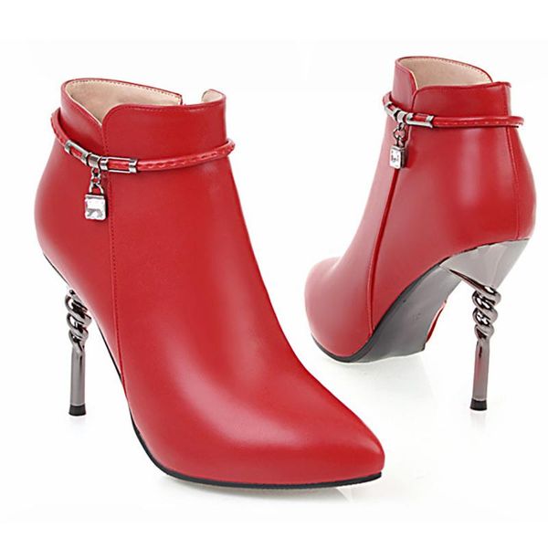 

boots women ankle 10cm high heels fashion wedding black red metal stiletto bridal shoes zip pumps plus size 43