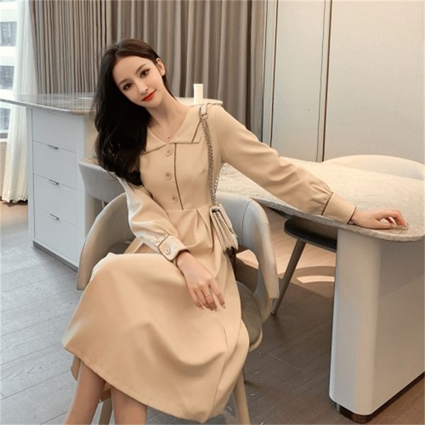 

spring autumn elegant spinning collar thin large single breasted female midi dress okoe, Black;gray
