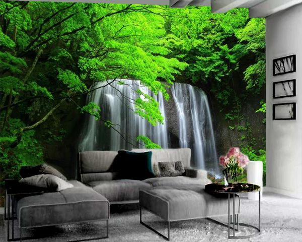 Papel tapiz Mural 3d, paisaje de bosque verde, cascada, papel tapiz 3d, revestimiento de paredes para sala de estar y dormitorio, papel tapiz con paisaje HD 3d