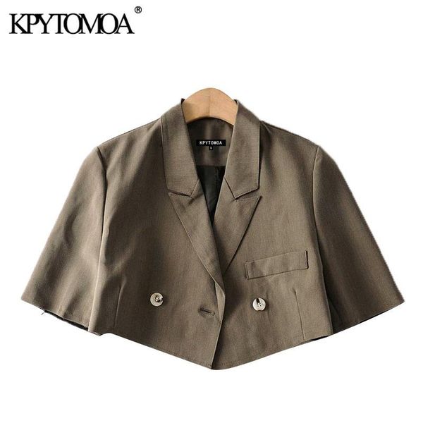 

kpytomoa women 2020 fashion double breasted extra short blazers coat vintage notched short sleeve female outerwear chic bbyiuo lg2010, White;black