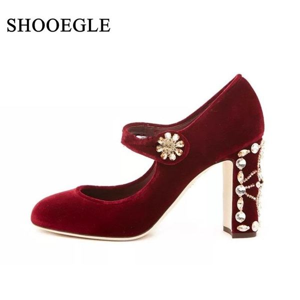 

new mary jane shoes woman red wine diamond studded high heels women velvet ankle strap block heels elegant party wedding shoes, Black