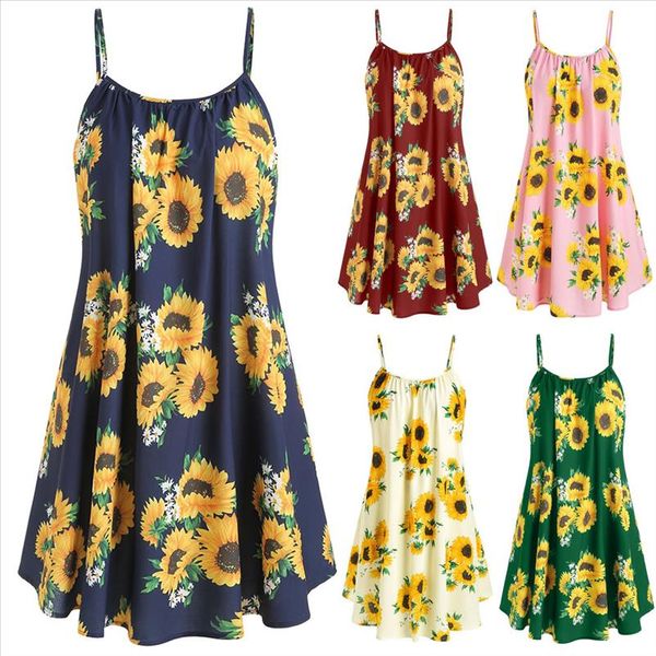 

fashion women sunflower print crisscross back a line cami dress summer spaghetti strap dress high waist sleeveless sw, Black;gray