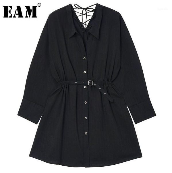 

casual dresses [eam] women black elastic waist back cross bandage shirt dress lapel long sleeve loose fit fashion spring summer 2021 1u4021, Black;gray
