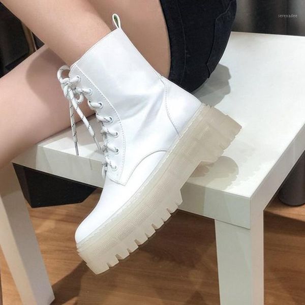 

leather boots women autumn winter shoes transparent square heel platform boots ladies cross strap white woman ankle1, Black