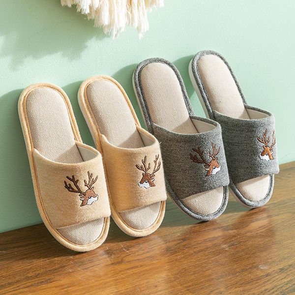 

house women hemp slippers cute cartoon deer pattern bedroom cotton flat couples shoes spring autumn home ladies slippers, Black