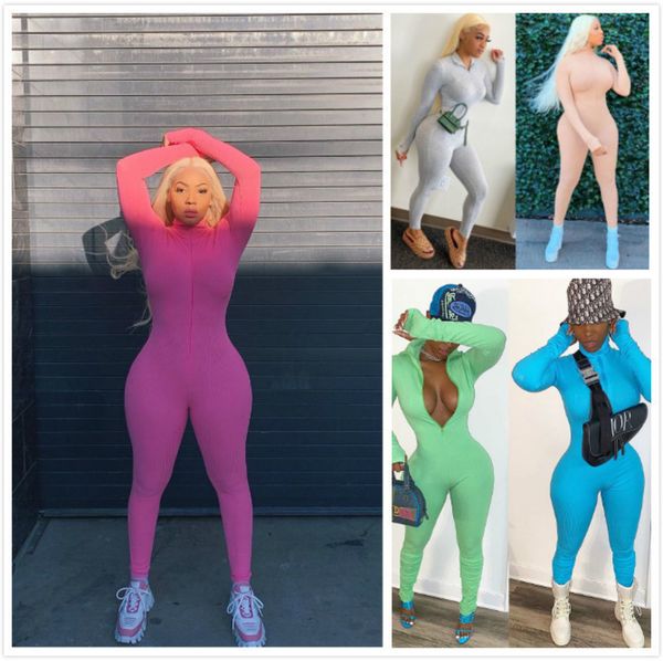 

designer women jumpsuit solid color long sleeve high waist elastic onesies fashion slim ladies zipper rompers plus size s-3xl new p968, Black;white