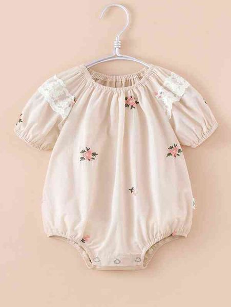 

baby floral embroidery contrast lace bodysuit she, Blue