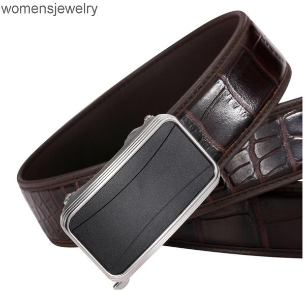 

33-3.8 wholesale drop ship men's 3.4cm stainless steel belt automatic buckle crocodile pattern layer cowhide leather belt for, Black;brown