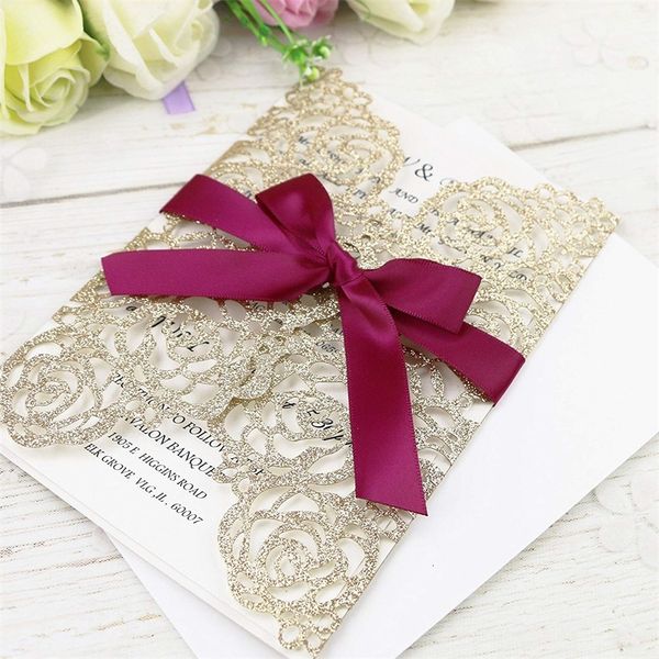 

cut gold glitter laser invitation cards sale with burgundy ribbons for wedding bridal shower engagement birthday gra