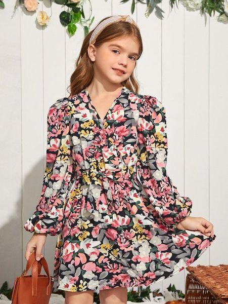 

girls allover floral print lantern sleeve dress she, Red;yellow