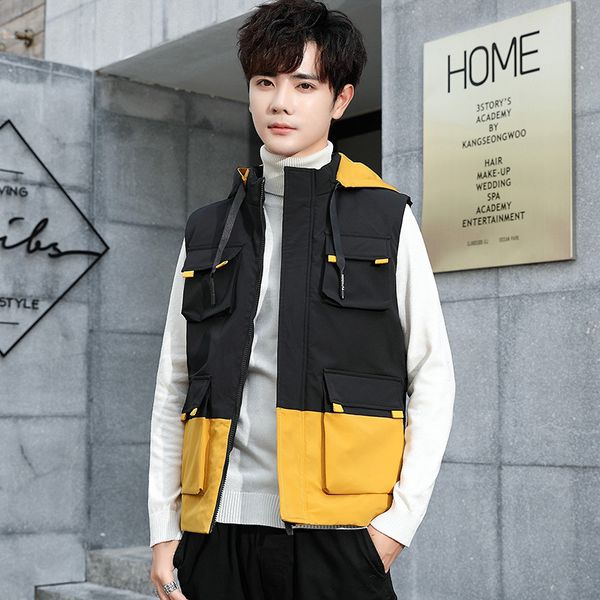 

stand-up collar hooded tooling vest men's casual warm cotton autumn and winter vest vest multi-pocket jacket, Black;white