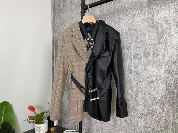 

2020fw autumn new women plaid patchwork leather blazer coat for ladies backless fashion outerwear jacket ddxgz2 9.211, White;black