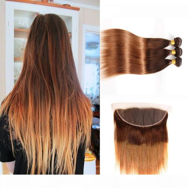 

two tone 4 30 ombre straight virgin hair 3 bundles with 13*4 lace frontal closure brown brazilian human hair weaves with lace frontal, Black;brown