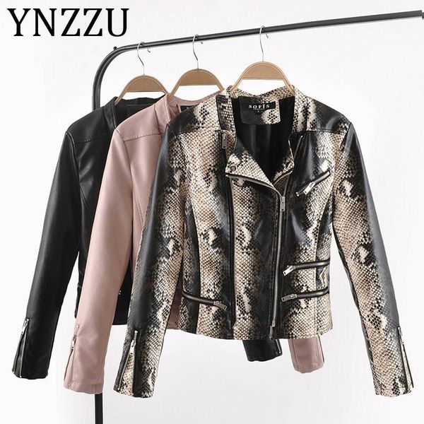 

ynzzu snake print faux leather jacket coat women long sleeve zippers soft pu female outwear 2020 autumn winter casual a10271, Black
