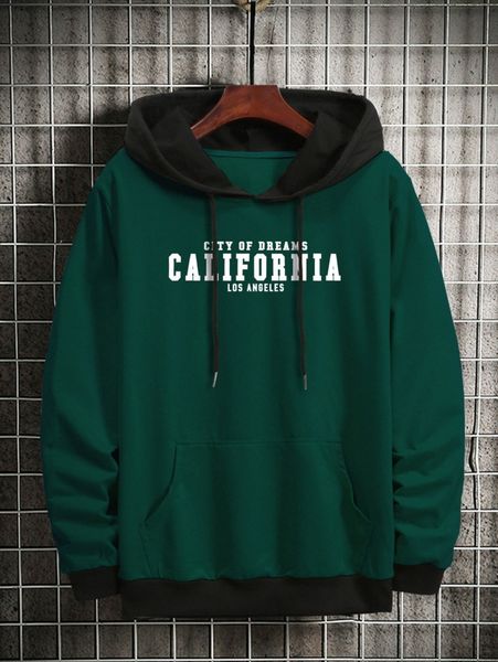 

men letter graphic color block drawstring hoodie 419z#, Black