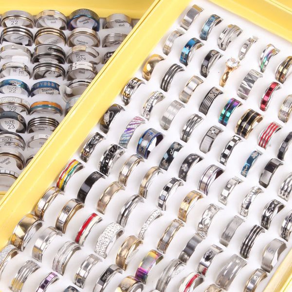 

wholesale 50pcs mixed style stainless steel rings men's women's fashion jewelry lots wedding anniversary band party gifts 201006, Golden;silver