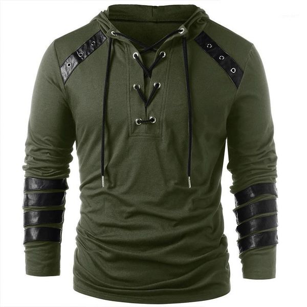 

men's hoodies & sweatshirts fashion faux leather lace up hoodie for men autumn drawstring pullover sweatshirt full sleeves casual outwe, Black