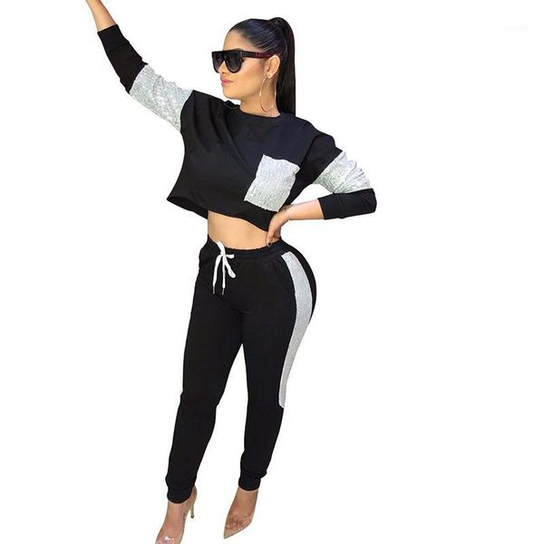 

women sets sequins patchwork 2 pcs sweatsuit casual short + long pants suits women outfit two piece tracksuits sj4082v1, White