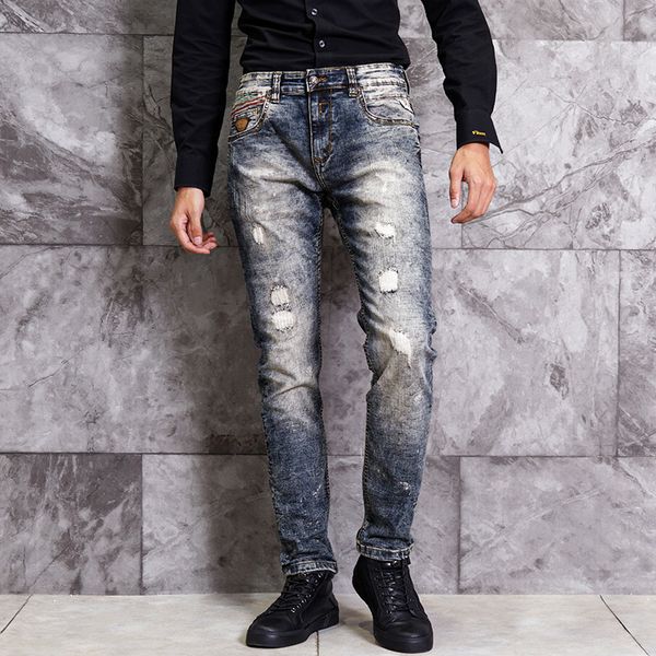 

2021 new italian style fashion men retro wash slim fit elastic ripped jeans vintage designer denim trousers streetwear long pants ehui, Blue