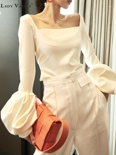 

retro elegant square collar strapless ladies shirt lantern sleeves autumn design pleated big sleeves shirt fashion1, White
