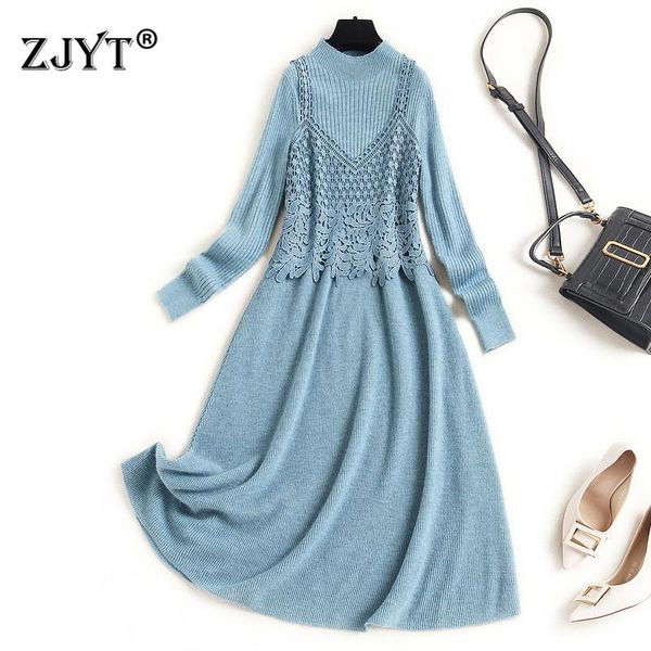 

casual dresses autumn winter clothes women long sleeve embroidery lace and sweater dress suit elegant vintage vestidos office party fest, Black;gray