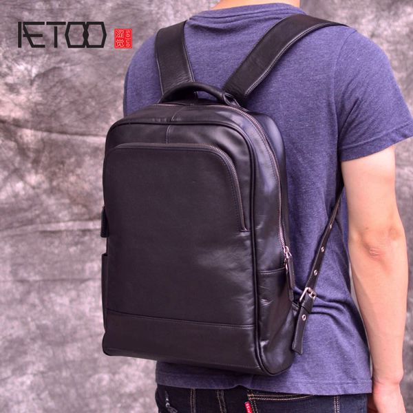 

aetoo new trend head cowhide shoulder backpack, leather bag men's business large capacity leisure computer bag