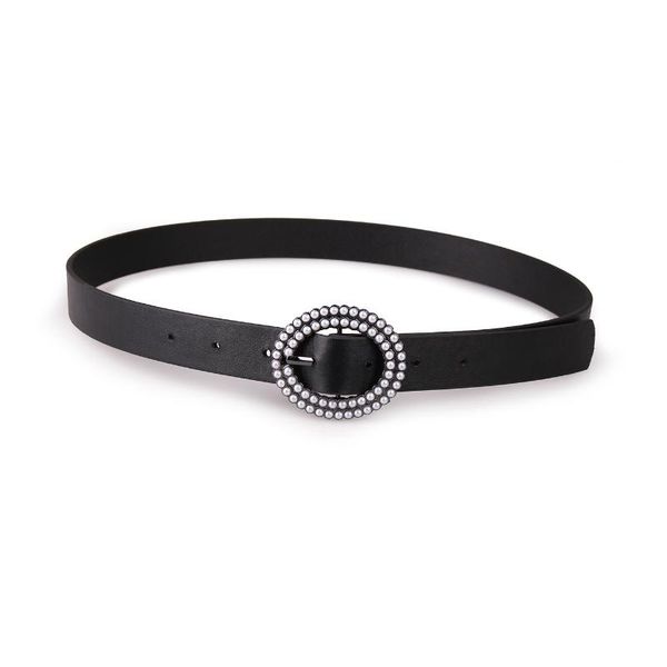 

round buckle pearl belts women's casual solid pu leather thin belt fashion decorative belt ladies wild bl527, Black;brown