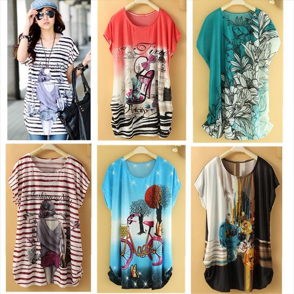 

new fashion t shirt women summer 2021 short sleeve long print floral plus size tees large woman clothes roupas femininas, White