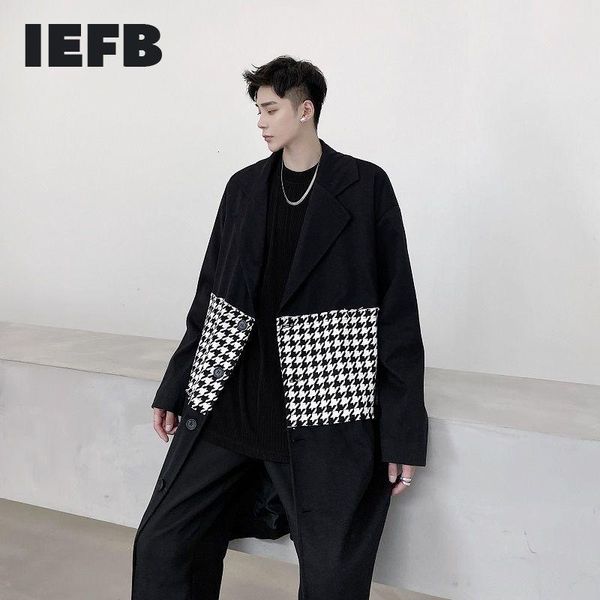 

iefb 2020 new loose thick black white plaid patchwork oversized woolen coat men's mid length single breasted long clothes 9y4748