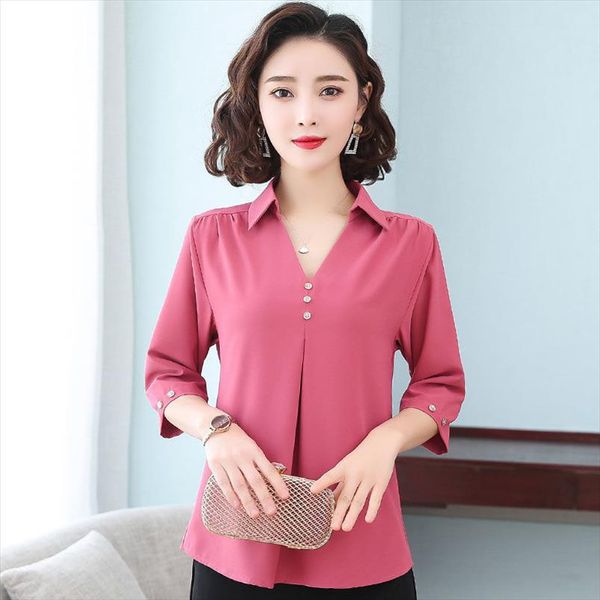 

new women spring summer style chiffon blouses women casual short sleeve v neck plus size loose shirt elegant df3650, White