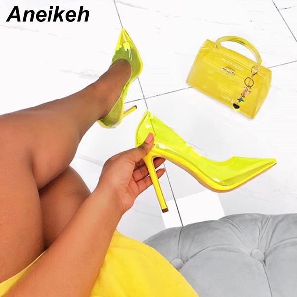 

aneikeh 2019 summer new pvc candy color high heels transparent shallow mouth pointed stiletto high heel shoes pink yellow y200702, Black